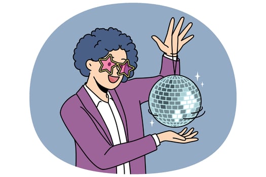 Funny man with disco ball with curly wig on head came to nightclub or dance floor to have fun vector