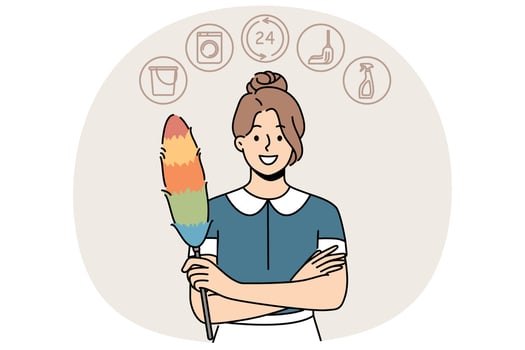 Woman housekeeper or maid with dust brush smiles, recommending contacting cleaning company vector