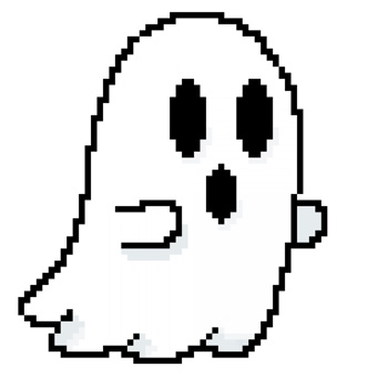 A retro-styled pixel-art illustration of a cute white ghost with big black eyes. png