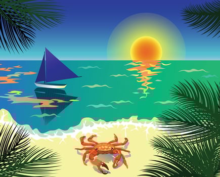 Beautiful tropical view with beach, boat, crab and palm leaves vector