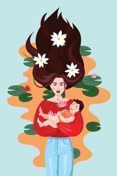 Beautiful asian mother young woman holding a child boy or girl with lilly flowers on blue background vector