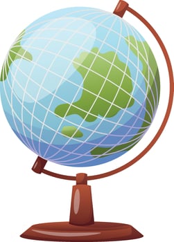 Cartoon world globe with stand icon on white background. Globe of planet Earth for concept of kids learning or world traveling vector