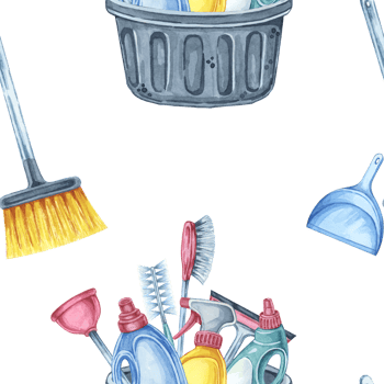 Cleaning tools seamless pattern with a collection of brooms, dustpans, and trash cans. Watercolor clipart for designing housekeeping manuals, laundry room decor, or cleaning service advertisements png
