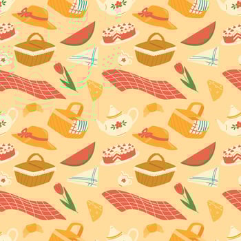 Picnic seamless pattern. Background with blanket, picnic food, hat and teapot. vector