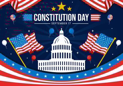 Happy Constitution Day United States Vector Illustration Vector Illustration on September 17th with an American Waving Flag and the Capitol Building