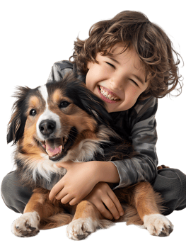 joyful young boy with a dog, isolated against a transparent background png