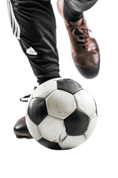 Isolated soccer player's feet with ball against transparent background png