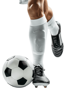 Isolated soccer player's feet with ball against transparent background png