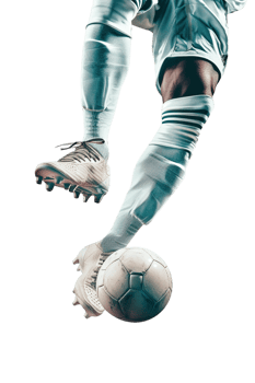 Isolated soccer player's feet with ball against transparent background png