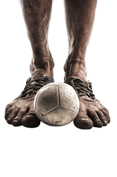 Isolated soccer player's feet with ball against transparent background png