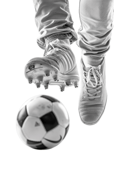 Isolated soccer player's feet with ball against transparent background png