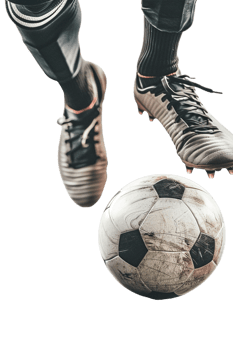 Isolated soccer player's feet with ball against transparent background png