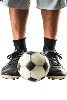 Isolated soccer player's feet with ball against transparent background png