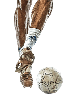 Isolated soccer player's feet with ball against transparent background png