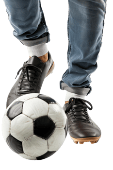 Isolated soccer player's feet with ball against transparent background png