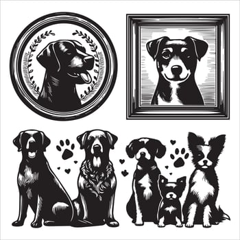 Print A collage of a dog a plant in an illustrated frame risograph silhouette white background vector