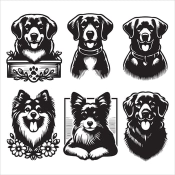 Print A collage of a dog a plant in an illustrated frame risograph silhouette white background vector