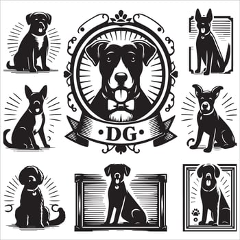 Print A collage of a dog a plant in an illustrated frame risograph silhouette white background vector
