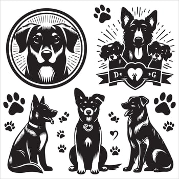 Print A collage of a dog a plant in an illustrated frame risograph silhouette white background vector