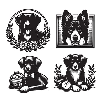 Print A collage of a dog a plant in an illustrated frame risograph silhouette white background vector