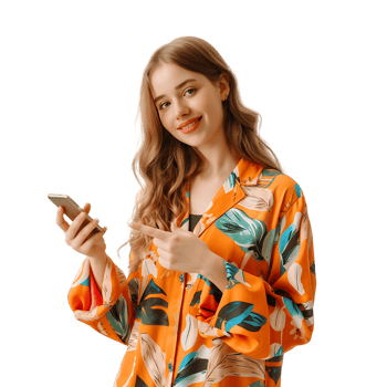 Portrait of young lady hold gadget point empty space dressed stylish orange print garment png