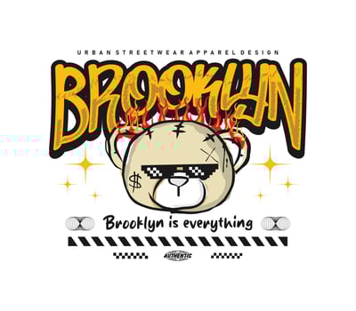brooklyn graffiti style slogan with cartoon bear doll wearing glasses graphic hand drawn illustration for posters, streetwear, t shirt design, hoodies, other creative uses. vector