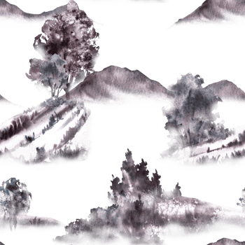 Landscape mountains, trees, bushes in the meadow and hills. Seamless pattern. Watercolor monochromatic grey black foggy nature for wallpaper, fabric print Hand draw illustration on isolated background png
