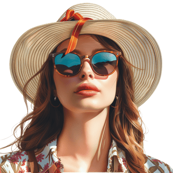 Isolated woman wearing summer hat and glasses against transparent background png