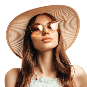 Isolated woman wearing summer hat and glasses against transparent background png