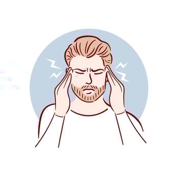 A young man has a headache. A man with a beard is holding his temples, having a migraine. Hand drawn illustration in sketch style. Health problems. Medical brochure template. vector