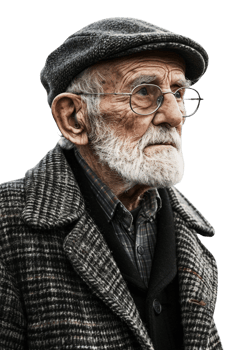 Old-fashioned old man alone against transparent background png