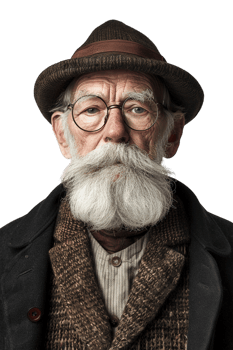 Old-fashioned old man alone against transparent background png
