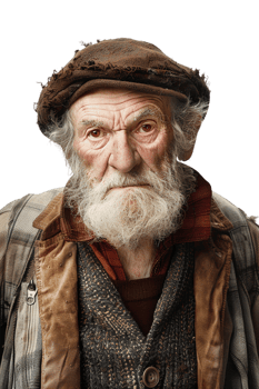 Old-fashioned old man alone against transparent background png