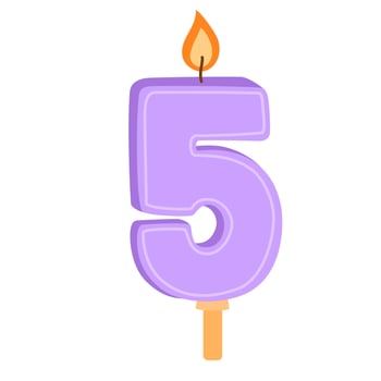 5 shaped birthday candle for 5th year anniversary. Wax number five with light for bday holiday cake for fifth age party with glowing candlewick. Flat illustration isolated on white background vector