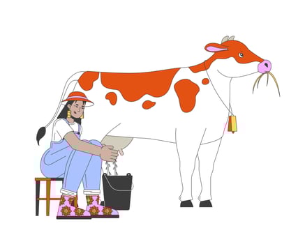 African american woman milking cow 2D cartoon character. Black female farmer working at dairy farm isolated flat person white background. Agricultural animal color spot illustration vector