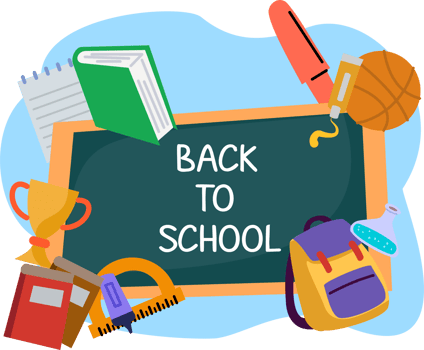 flat back to school background with blackboard and school supplies theme png