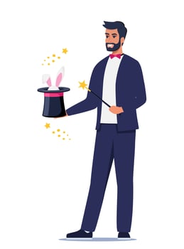 Illusionist, magician demonstrating trick and taking rabbit out of top hat. Concept of stage magic performance, magical illusion. illustration for banner, poster. vector