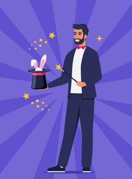 Illusionist, magician demonstrating trick and taking rabbit out of top hat. Concept of stage magic performance, magical illusion. illustration for banner, poster. vector