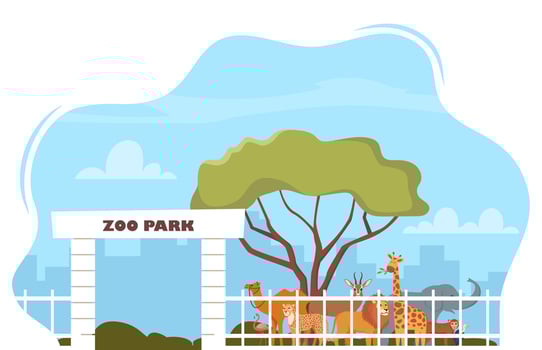 Zoo entrance gate and exotic African animals. Elephant, giraffe, camel, cheetah, lion, flamingo, vulture, monkey on territory of wildlife zoo park surrounded by fence. illustration. vector
