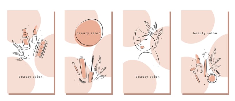 Set of design for Beauty salon. Makeup tools, cosmetic brushes, lipstick, blush, eyelash extension, brows, female portrait. vector