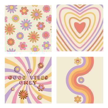 Set of groovy retro style cards with hippie symbols. Good vibes only slogan, daisy flowers seamless pattern, heart, sunburst, twisted waves and peace sign vector