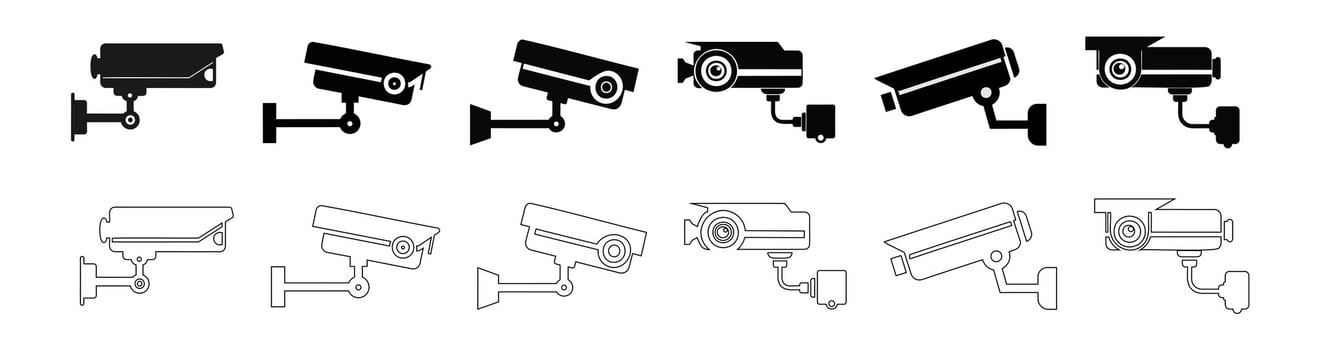 Set of black outlines and silhouettes of security cameras, isolated on a white background. Simple graphic design of surveillance equipment. Suitable for prints, logos, signs, and design elements vector