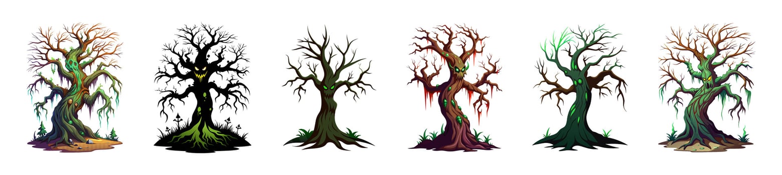 Set of Spooky haunted trees with ominous faces and creepy roots isolated on a white background. Concept of Halloween, horror, haunted forest, evil nature. Print, art, illustration. Clip art vector