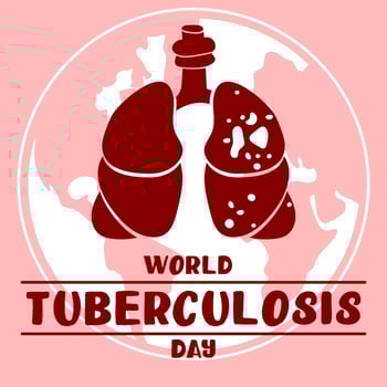 World Tuberculosis Day. March 24 - information banner of the fight against tuberculosis with a silhouette map of the world, a view of the affected red flat lungs. The banner is pink World TB day. vector