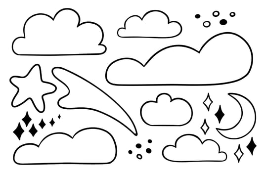 Doodle clouds with noon and stars. Cartoon hand drawn childish illustration. Sleepy background or colouring for children vector