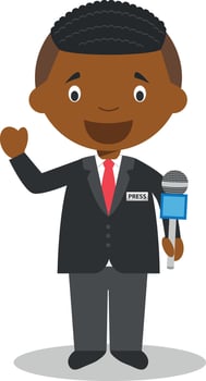 Cute cartoon illustration of a black or african american male journalist. vector