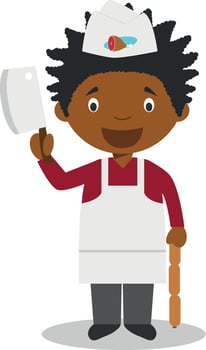 Cute cartoon illustration of a black or african american male butcher. vector