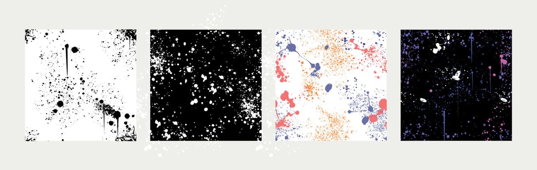 Set of banners with spray paint splashes. Posters of seamless blobs, drips, brush dots or drops. Graffiti inky splatters, inkblot spots with dusty speckle effect. Watercolor covers with splash smudges vector