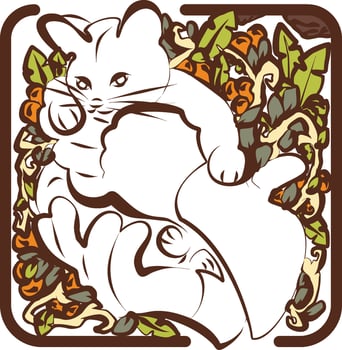 Floral Smiling Kitten for Cat Lovers with Leaves vector