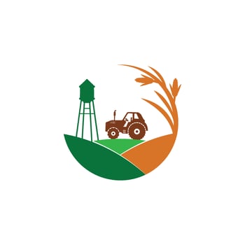 agriculture corn field farm industry logo design with tractor and water tower in the middle of the hill vector